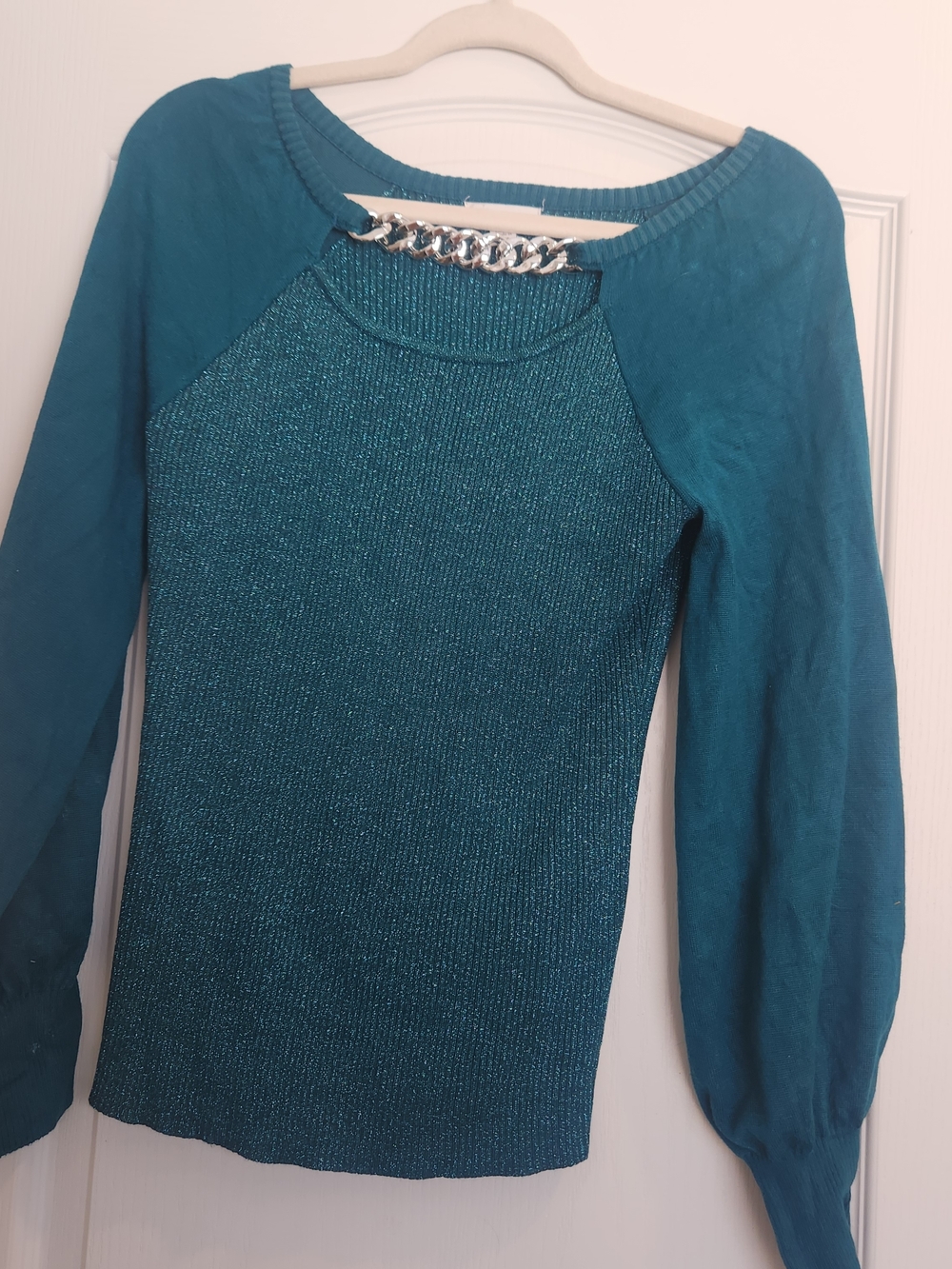 Cato Teal Sparkle Knit Top with Silver Chain Accent L Euc